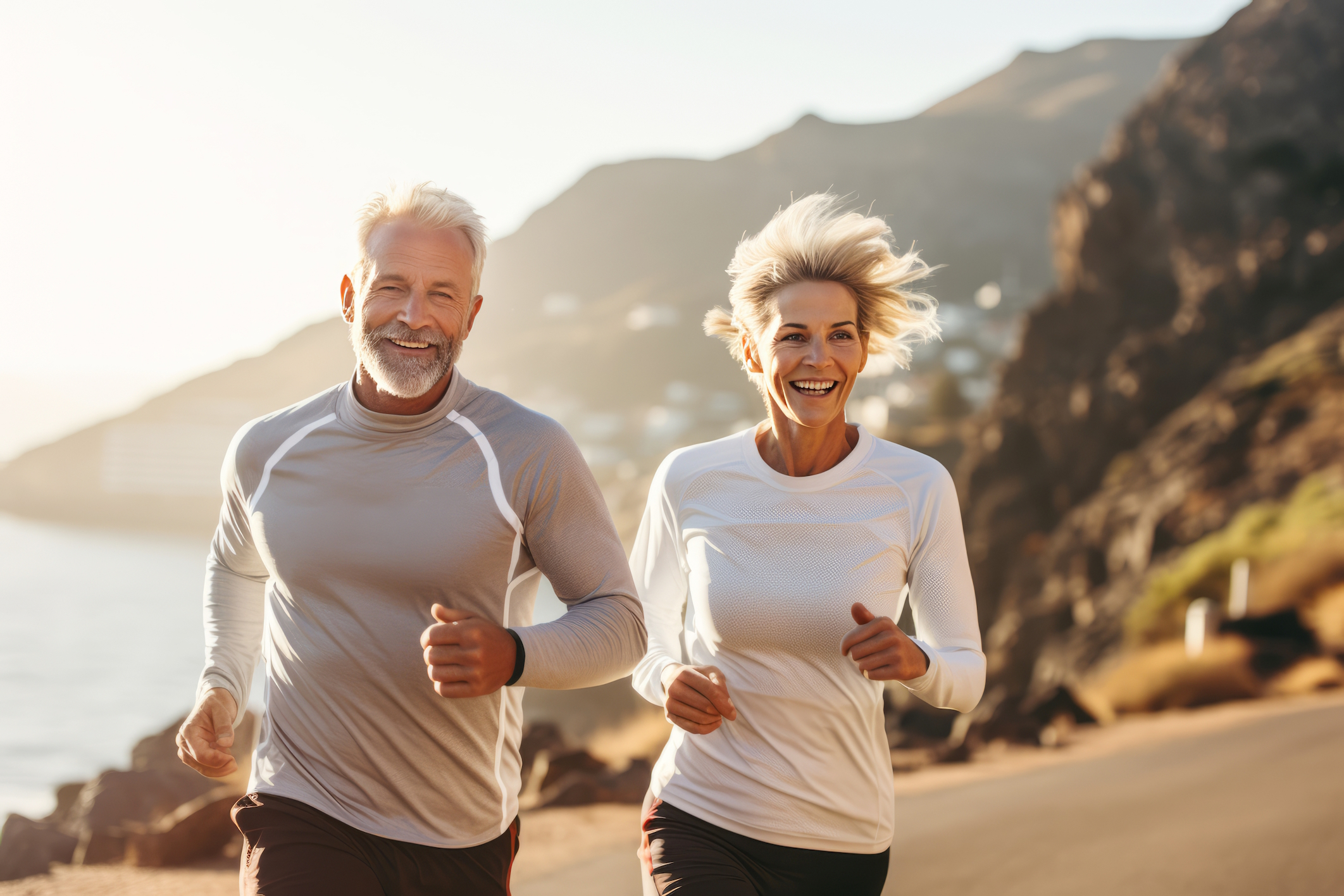 Adult Caucasian couple in sportswear jogging along a picturesque seashore. Cheerful mature athletic man and woman smiling while running in a beautiful fresh morning. Active lifestyle for all ages. Adult Caucasian couple in sportswear jogging along a picturesque seashore. Cheerful mature athletic man and woman smiling while running in a beautiful fresh morning. Active lifestyle for all ages