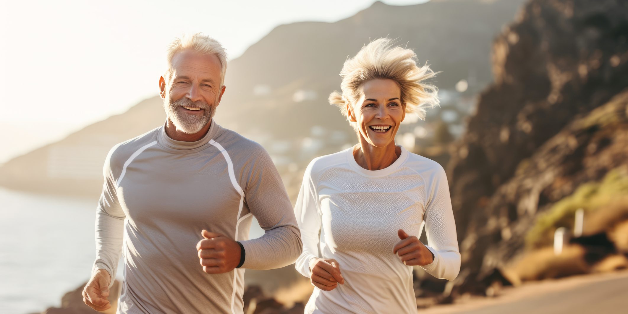 Adult Caucasian couple in sportswear jogging along a picturesque seashore. Cheerful mature athletic man and woman smiling while running in a beautiful fresh morning. Active lifestyle for all ages. Adult Caucasian couple in sportswear jogging along a picturesque seashore. Cheerful mature athletic man and woman smiling while running in a beautiful fresh morning. Active lifestyle for all ages